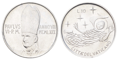 Ватикан 10 лир 1969 MCMLXIX, год-тип KM 111 алюминий UNC 4700-641