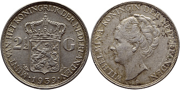 Нидерланды 2 1/2 гульдена 1939 Вильгельмина I (1890-1948) KM 165 серебро 00-00