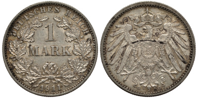 Германия 1 марка 1911 G, Weege 18, J. 17, KM 14 серебро aUNC 413-1211