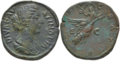 Римская Империя сестерций 176 Фаустина Младшая, жена Марка Аврелия, посмертная чеканка, DIVA FAVSTINA PIA, бюст императрицы / CONSECRATIO, Фаустина, улетающая на павлине, Рим, 21,21 гр, редкая (1000$ по Roman Coins and their values, 00-000-00