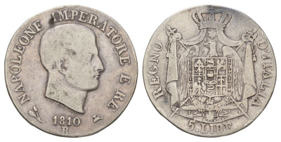Италия 5 лир 1810 B, Наполеон (1805-1814) KM 10.3 серебро 413-124