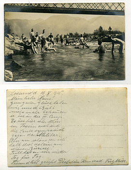 ШВЕЙЦАРИЯ ОТКРЫТКА 1915 I-АЯ МИРОВАЯ ВОЙНА, КУПАНИЕ СОЛДАТ В РЕКЕ, ПИСЬМО бумага 153-27-22