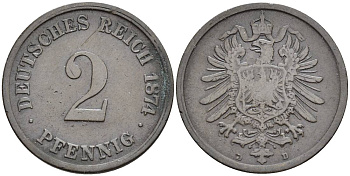ГЕРМАНИЯ 2 ПФЕННИГА 1874 D, СТАРОГЕРБОВКА, РЕДКАЯ KM 2, Jager 2, Weege 3 медь 4546-534