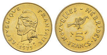 Французские Новые Гебриды 5 франков 1975 заморские территории KM 6.2 медь алюминий никель  aUNC  4641-122
