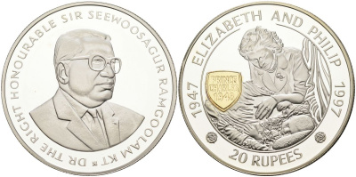 Маврикий 20 рупий 1997 50 лет (золотая) свадьба Елизаветы и Филиппа, позолота, тираж 30000 экз. серебро PROOF 04-138-15