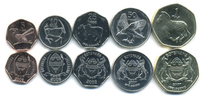 Ботсвана лот из 5 монет 2007-2009 (5, 10, 25, 50 нгвее, 1 пула), животные UNC M76-21