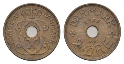 Дания 2 эре 1939 N, Кристиан X (1912-1947) KM 827 бронза 4701-868
