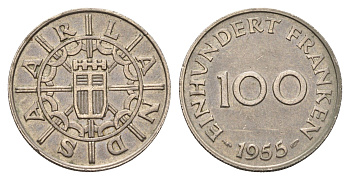 Саар 100 франков 1955 год-тип KM 4 медно-никель 77-435