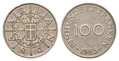 Саар 100 франков 1955 год-тип KM 4 медно-никель 77-435