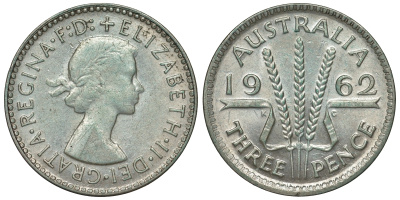Австралия 3 пенса 1962 m, Елизавета II (1952-2022) KM 57 серебро 71-824