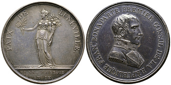 Франция медаль 1801 Наполеон Бонапарт первый консул Французской республики, Люневильский мир от 9 февраля 1801, 42,00 мм, 31,20 гр.. Slg. Julius 905 серебро 00-00