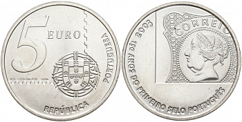 Португалия 5 евро 2003 150 летие первой Португальской марке KM 749 серебро UNC 69-314