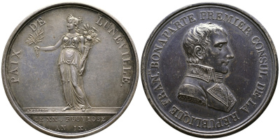 Франция медаль 1801 Наполеон Бонапарт первый консул Французской республики, Люневильский мир от 9 февраля 1801, 42,00 мм, 31,20 гр.. Slg. Julius 905 серебро 00-00