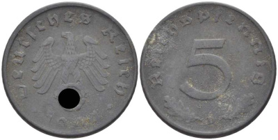 ГЕРМАНИЯ 5 РЕЙХСПФЕННИГОВ 1944 D KM 100, J. 370 цинк 105-322