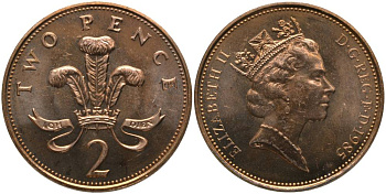 Великобритания 2 пенса 1985 Елизавета II (1952-2022) KM 936, Spink 4376 (C3) бронза UNC 181-626