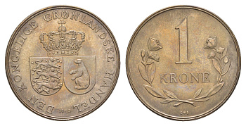 Гренландия 1 крона 1960 KM 10a медно-никель UNC 441-1223
