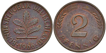 ФРГ 2 пфеннига 1966 J J.381  KM 106 бронза    4598-744