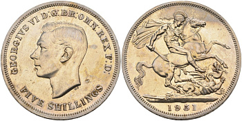 Великобритания 1 крона 1951 фестиваль Британии, Георгий Победоносец, Георг VI (1937-1952) KM 880, Spink 4111 медно-никель Prooflike 1518-1534