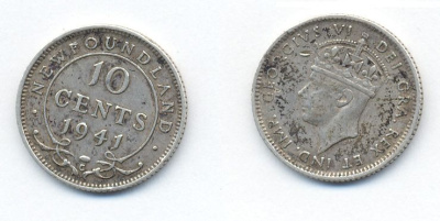 НЬЮФАУНДЛЕНД 10 ЦЕНТОВ 1941 C, ГЕОРГ VI KM 20 серебро 46-2321
