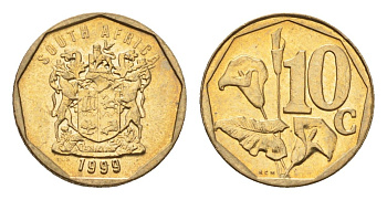 ЮАР 10 центов 1999 герб, цветок алоэ KM 161 сталь плакированная бронзой UNC 4694-755
