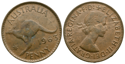 АВСТРАЛИЯ 1 ПЕННИ 1963 p, ЕЛИЗАВЕТА II (1953-), КЕНГУРУ KM 56 бронза 4385-331