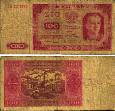 ПОЛЬША 100 ЗЛОТЫХ 1948 1 ИЮЛЯ 1948, НАРОДНАЯ РЕСПУБЛИКА Pick 139a бумага F 7487-39-2