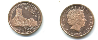 ОСТРОВ МЭН 1 ПЕННИ 2000 PMM AA КРЕПОСТЬ KM 1036 бронза сталь UNC 04-433