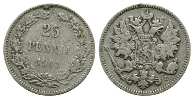 РОССИЯ ДЛЯ ФИНЛЯНДИИ 25 ПЕННИ 1901 L, НИКОЛАЙ II KM 6.2, Биткин 412 серебро 4383-451