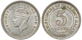 Британская Малайя 5 центов 1943 Георг VI (1937-1952) KM 3a серебро 53-146