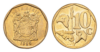 ЮАР 10 центов 1999 герб, цветок алоэ KM 161 сталь плакированная бронзой UNC 4694-756
