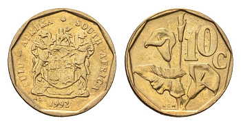 ЮАР 10 центов 1992 герб, цветок алоэ KM 135 сталь плакированная бронзой UNC 4694-647