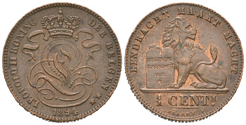 Бельгия 1 сантим 1894 Belgen, Леопольд II (1865-1909) KM 34.1 медь aUNC 4621-639