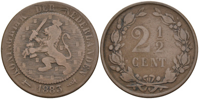 Нидерланды 2-1/2 цента 1883 редкий год KM 108 медь 4595-321