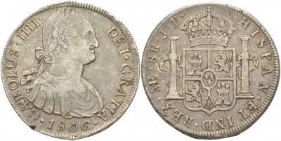 ПЕРУ 8 РЕАЛОВ 1806 JP, КАРЛОС IIII (1788-1808) ИСПАНСКАЯ КОЛОНИЯ, МОНДВОР LIMA, ПРОБА 903, ВЕС 26,9 ГР. KM 97 серебро 413-1445