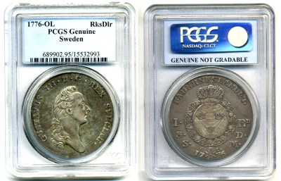 Швеция 1 риксдалер 1776 O.L., Густав III (1771-1792), в слабе PCGS, редкий серебро 15-001-08