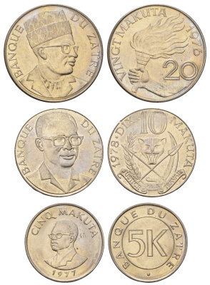 Заир лот из 3 монет 1976-1978 (5, 10 и 20 макута) KM 7, 8, 12 медно-никель UNC 650-1821