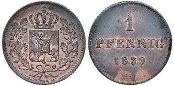 Бавария 1 геллер 1839 Людвиг I (1825-1848) AKS 94 медь 4174-1025