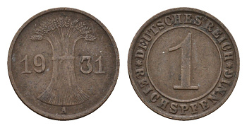 Германия 1 рейхспфенниг 1931 A KM 37, J. 313 бронза 4651-716