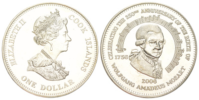 Острова Кука 1 доллар 2006 250 лет со дня рождения Вольфганга Амадея Моцарта UC 119 медно-никель PROOF 1524-123