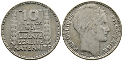 Франция 10 франков 1931 Пьер Тюрен KM 878, Le Franc 360.4 серебро 4683-842