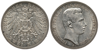 Мекленбург-Шверин 2 марки 1901 J. 85, KM 332 серебро aUNC 00-000-00