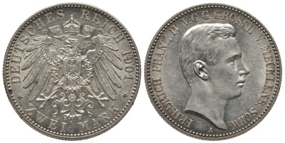 Мекленбург-Шверин 2 марки 1901 J. 85, KM 332 серебро aUNC 00-000-00