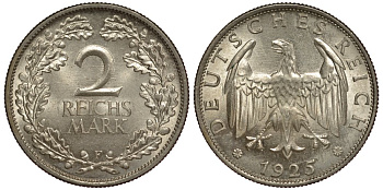 Германия 2 рейхсмарки 1925 F J. 320, KM 45 серебро  aUNC  413-2714