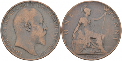 Великобритания 1 пенни 1904 Эдуард VII (1901-1910) KM 794.2, Spink 3990 бронза 3855-634