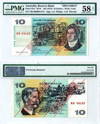 Австралия 10 долларов ND (1974) в холдере компании PMG. Сохранность -58, образец "SPECIMEN" Фрэнсис Гринуэй, здания. Генри Лоусон, деревня Pick 24 s1 бумага 10-3-08