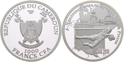 Камерун 1000 франков ND (2018) чемпионат мира по футболу - 2018, Россия, Санкт-Петербург KM NEW серебро PROOF 1088-2-61