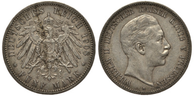 Пруссия 5 марок 1908 Вильгельм II (1888-1918) KM 523, J.104 серебро    3711-222