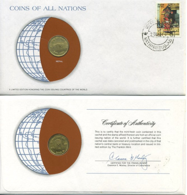 Непал 10 пайс 1971 конверт с маркой первого дня гашения, Coins of Nations KM 766 латунь  UNC  4294-9-3
