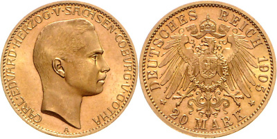 Саксен-Кобург-Гота 20 марок 1905 Карл Эдуард (герцог Саксен-Кобург-Готский) J. 274, KM 155 золото UNC 10-010-77
