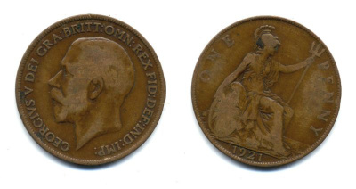 Великобритания 1 пенни 1921 Георг V (1910-1936) KM 810, Spink 4051 бронза 47-635